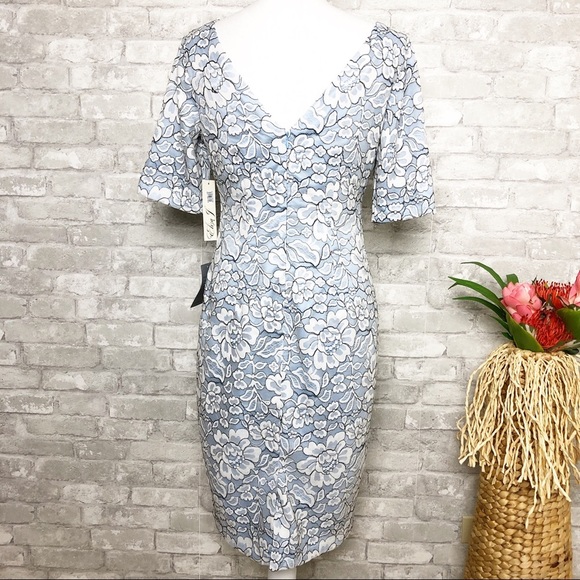 NWT Eliza J | Light Blue Floral Lace Sheath Dress with Low V Back Size 6 - Picture 6 of 12